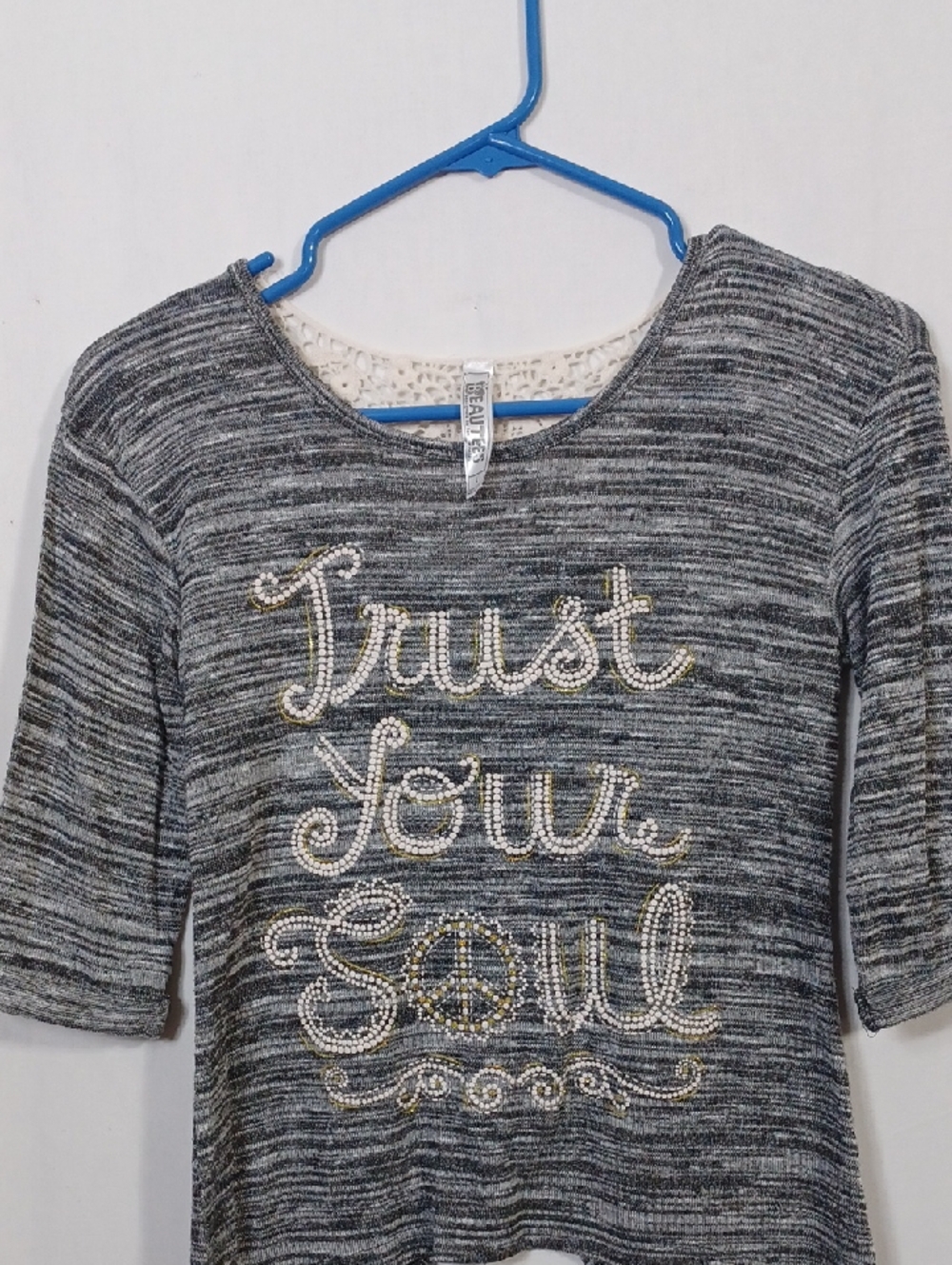 Beautees Gray Marled Knit Top with Lace Trim